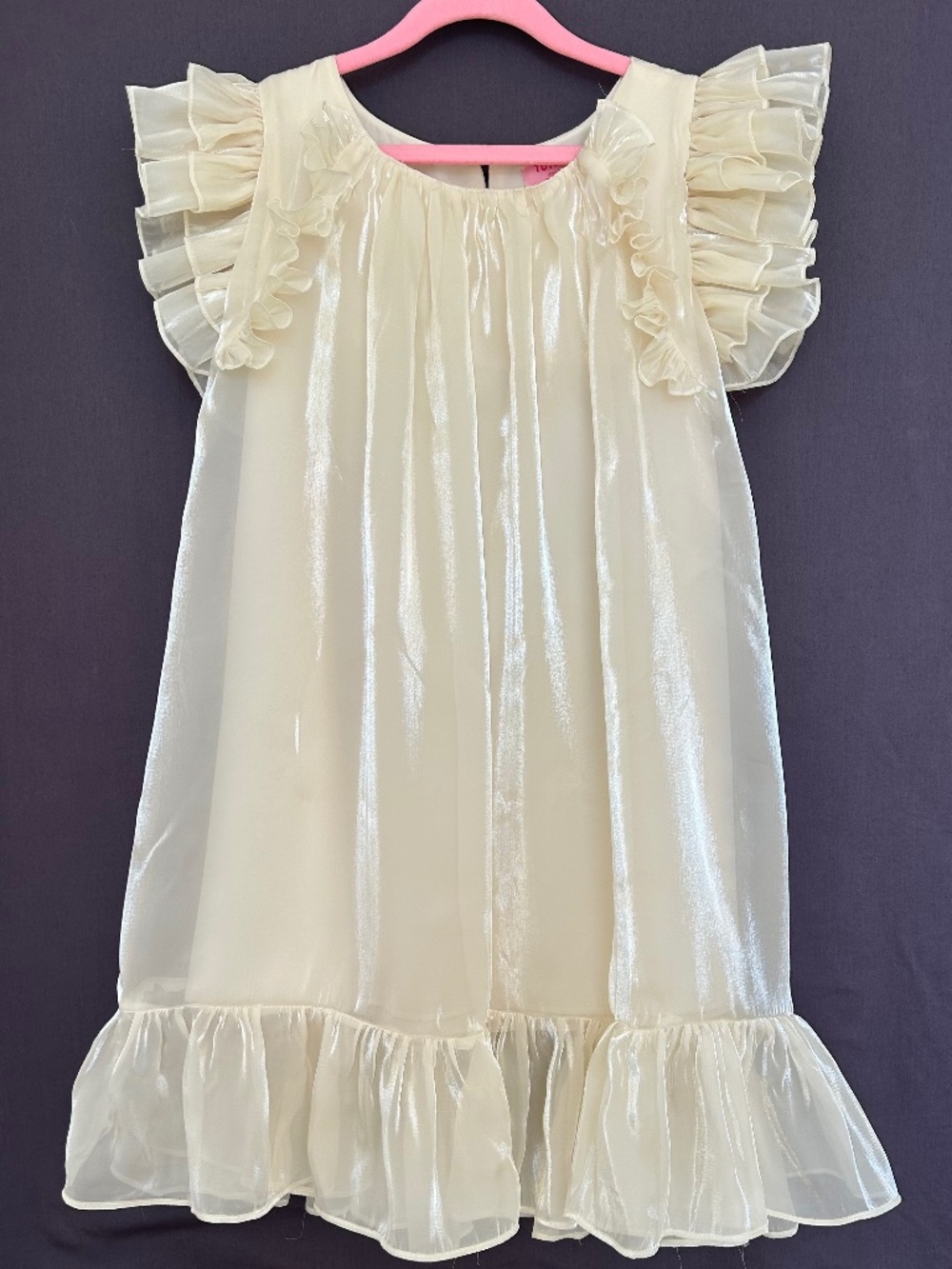 NWOT TUTUPETTI Girls Ivory Organza Pearl Sheen Ruffle Flutter Sleeve Dress